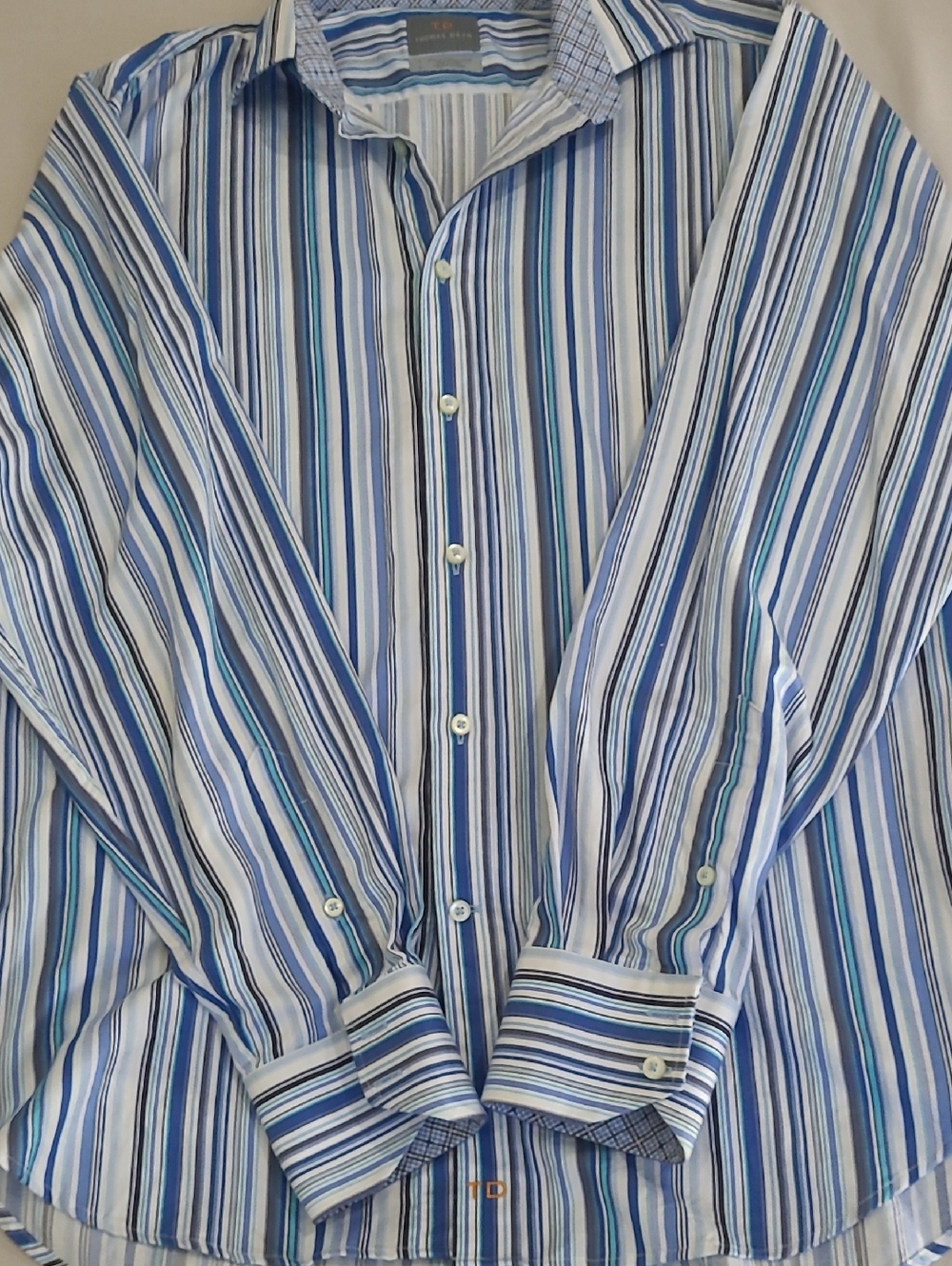 Thomas Dean Blue and White Multi-Stripe Dress Shirt